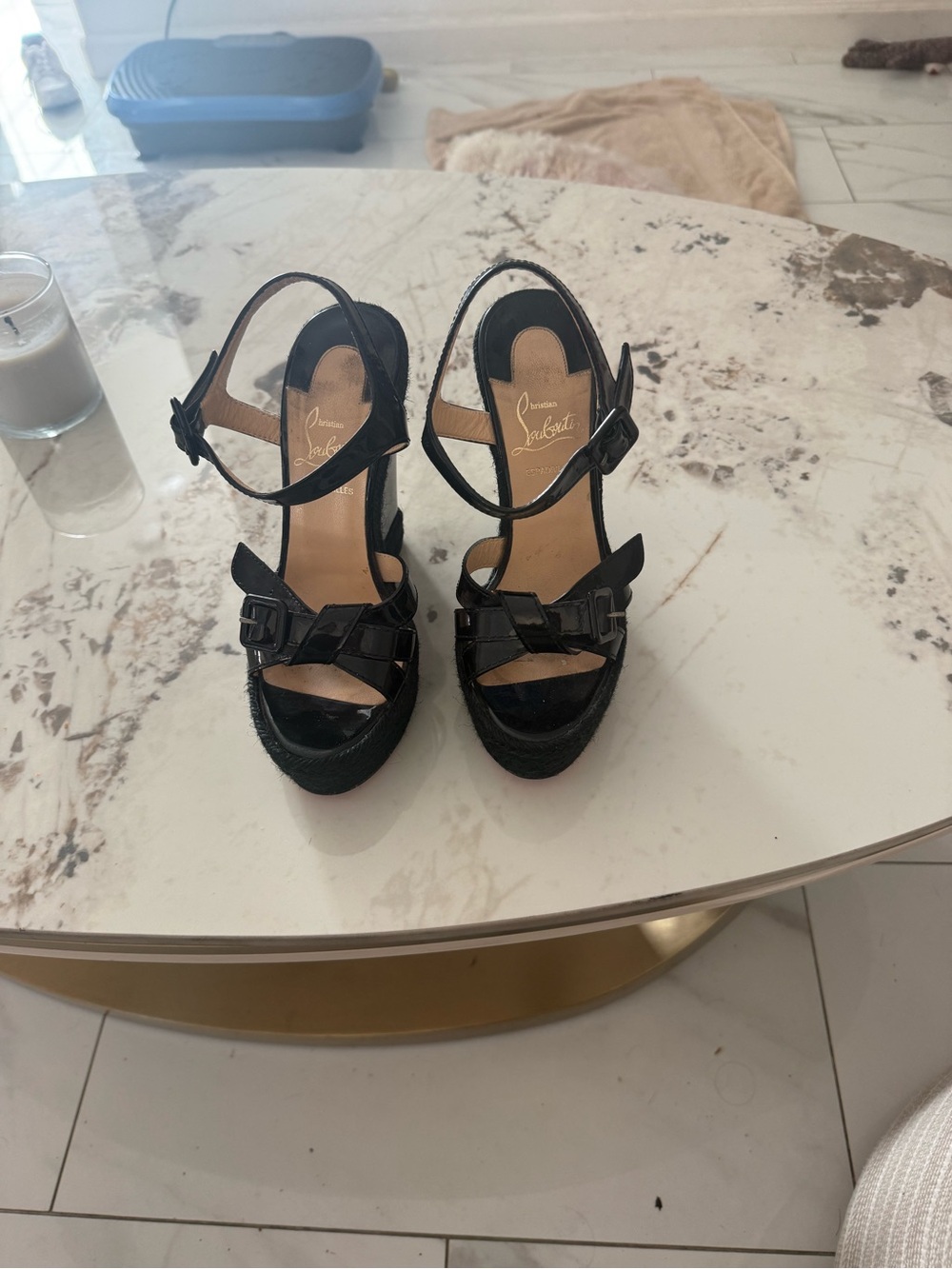 Christian Louboutin Black Patent Platform Ankle-Strap Heels with Bow